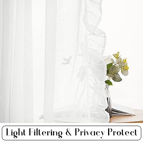 KGORGE White Linen Curtains for Living Room, Linen Blended Sheer Curtain with Shabby Chic Ruffle Trim, Farmhouse Window Curtains & Drapes for Kitchen Bedroom Bathroom, W52 x L84 inch, 2 Panels