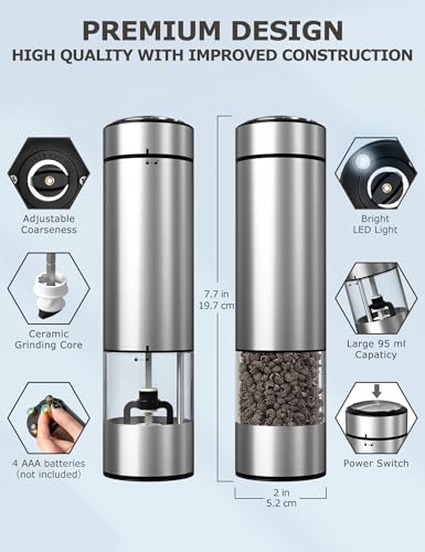 innhom Electric Salt Grinder Pepper Grinder Battery Operated Stainless Steel Pepper Mill Automatic Salt and Pepper Grinder with Adjustable Coarseness, 1 Pack