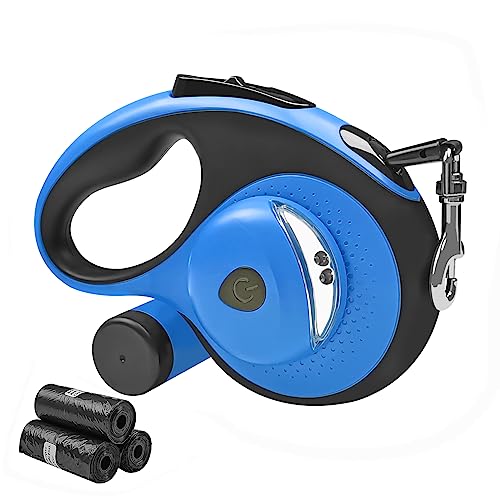 Huhaneon Retractable Dog Leash with Waste Bag Dispenser and Flashlight, 16ft Dog Leash for Small Medium Dogs up to 66lbs, One Button Break & Lock,360°Tangle Free, Soft Anti Slip Grip,Blue