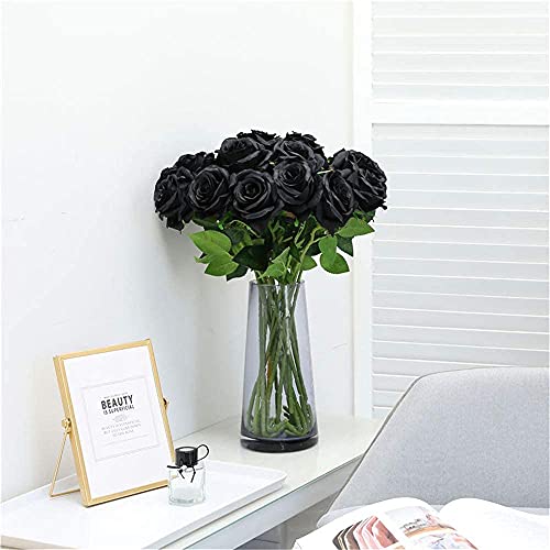 Hawesome 12PCS Artificial Silk Flowers Realistic Roses Bouquet Long Stem for Home Wedding Decoration Party (Black)