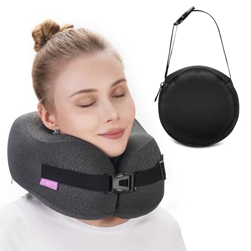 CSJT Travel Pillow Vac Compressed Memory Foam Neck Pillow Airplane,Comfortable,Neck Support,Machine Washable,Airplanes Travel Essentials Accessories for Office,Flight,Cars Breaks Sleeping(Black)…