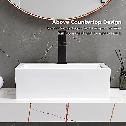DELAVIN 16"x12" in Modern Bathroom Vessel Sink, White Ceramic Bathroom Sink, Rectangle Above Countertop Bathroom Vessel Sink, Ceramic Rectangular Bathroom Vessel Sink With Faucet Hole