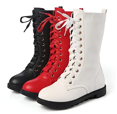 DADAWEN Kid's Girls Leather Lace-Up Zipper Mid Calf Combat Riding Winter Boots (Toddler/Little Kid/Big Kid) White US Size 13 M Little Kid