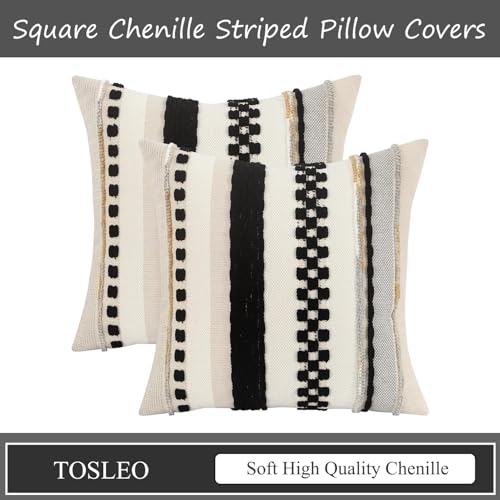 Tosleo Boho Throw Pillow Covers 18x18 Set of 2 Striped Decorative Pillow Cases Accent Chenille Pillowcases Farmhouse Cushion Case Bohemian Nuetral Textured Pillow Cover,Yellow and Gray