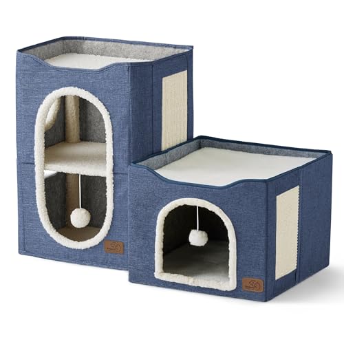 Bedsure 2-Level Cat House for Indoor Cats - Small Cat Towers with Scratch Pad and Hideaway Condo, Cat Cave Bed Furniture for Multi Pets and Large Cats, 18x14x23 inches, Blue