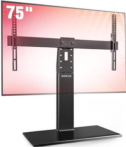 Universal Swivel TV Stand Base - Table Top TV Stand for 32 to 70 75 Inch TVs, Height Adjustable TV Mount Stand with Tempered Glass Base for Living Room, Bedroom, Holds up to 110lbs, Max VESA 600x400mm