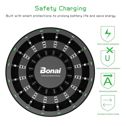 BONAI Rechargeable AA AAA Batteries with Charger, 16-Pack 1.2V NiMH High-Capacity AA (2800mAh) & AAA (1100mAh) Batteries with 16-Bay Smart Battery Charger, Fast Charging & Intelligent Detection