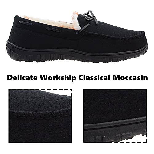 VLLy Mens Slippers Moccasins for Men Plush Lined Cozy House Bedroom Slippers Comfortable Slip on Flat Shoes with Memory Foam for Indoor Outdoor Use Black Size 8 US