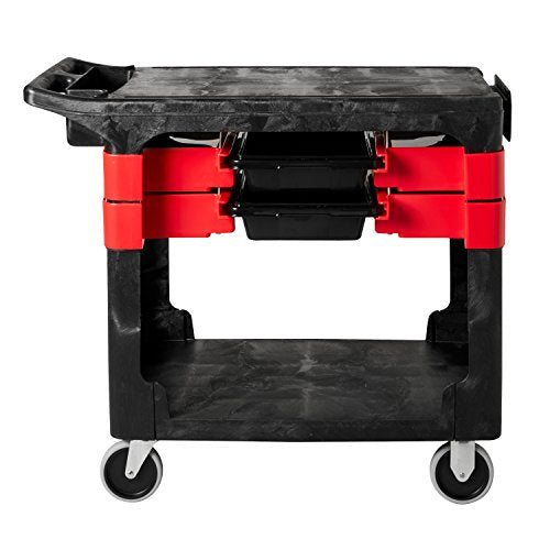 Rubbermaid Commercial Products Trades Tool Utility Cart Mobile Work Station With 2 Parts Boxes and 4 Parts Bins 330 lb. Capacity 5" Casters Black for Warehouse/Garage/Cleaning/Maintenance