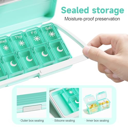 Travel Pill Organizer 2 Times A Day, 7 Day Am Pm Pill Box Weekly Pill Organizer with Separate Container, Portable Daily Medicine Planner Dispenser Case for Vitamin, Fish Oils, Supplements(Black)