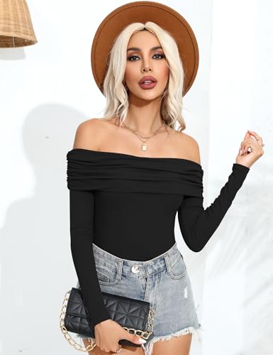 Prettywear Women's Sexy Off Shoulder Tops Business Casual Slim Fit Long Sleeves Spring Fall Blouse Going Out Nightout Shirt Champagne