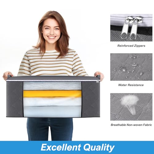 3 Pack 100L foldable storage bags for clothes,closet organizers and storage containers for Clothing,under bed clothes storage bins with Handle,Clear Window,Sturdy Zipper for Bedroom,Stale grey