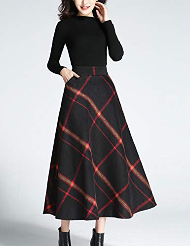 Tanming Women's Winter Warm Elastic Waist Wool Plaid A-Line Pleated Long Skirt (Black2-XS)