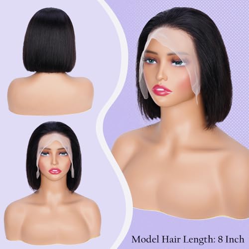 TONGMAY 8 Inch Short Bob Wig Human Hair Straight Bob Lace Front Wigs Human Hair for Women 180% Density Brazilian Virgin Human Hair Bob Wig 13x4 HD Transparent Lace Frontal Bob Wigs Natural Black