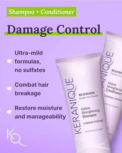 Keranique Damage Control Set for Thinning Hair - Shampoo & Conditioner for Damaged Hair, Follicle Booster Serum, Lift & Repair Spray - Keratin Enriched Repair Products for Dry, Thin Hair - Travel Size