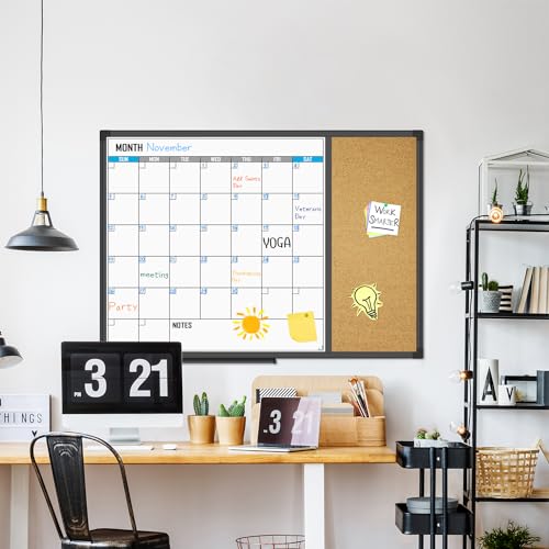 XBoard Dry Erase Calendar Whiteboard 28 X 20 - Combo White Board Calendar Monthly, Magnetic White Board + Corkboard with Black Aluminum Frame