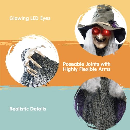 JOYIN 84” Hanging Talking Witch Halloween Decorations Outdoor Decor, Standing Flying Hover Witch Halloween Party Supplies Light Up Eyes Haunted House Front Porch Gard Yard Lawn