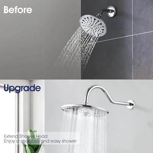 PDPBath Large 10 Inch Rain Shower Head with Extension Arm, 8-Setting Rainfall Showerhead with Extender, High Pressure Shower Heads with 16.7" Shower Arm Extension, Chrome