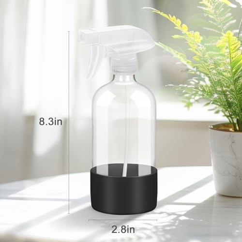 Worldgsb 2 Pack Glass Spray Bottles with Silicone Sleeve, 16 oz Empty Refillable Containers with Adjustable Spray Nozzles, Spray Bottles for Hair, Cleaning Solutions and Plants Black