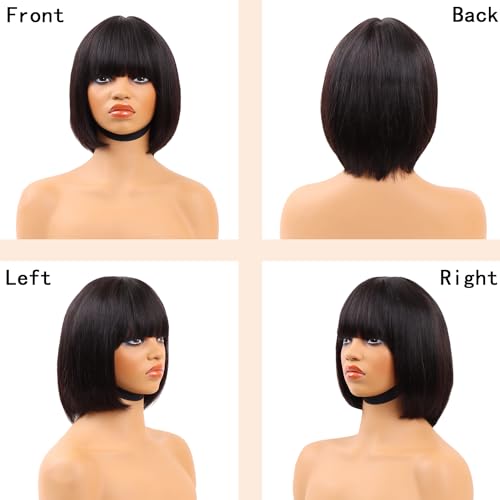 HOTJAR 8 Inch Bob Wig With Bangs Human Hair Short Straight Bob Wig Human Hair Glueless With Bangs For Women Non Lace Front Wig (019# 8 Inch NT#)