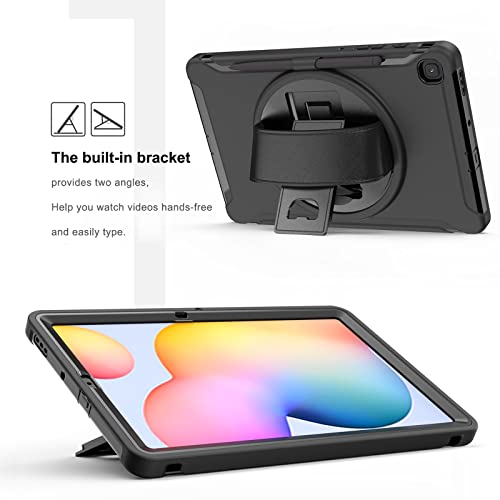 Junfire Galaxy Tab S6 Lite Case 2024/2022/2020, Shockproof Protective Samsung Tab S6 Lite 10.4 inch Case with Stylus Holder/Hand Strap/Kickstand, SM-P620/P625/P610/P613/P615/P619-Black