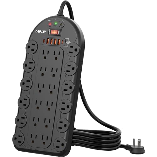 DEPOW Power Strip, 24 AC Outlets (1875W/15A) with 6 USBs (2 USB-C Ports), ETL Listed, Surge Protector (3,400 Joules), 8 Ft Heavy Duty Flat Plug Extension Cord, Wall Mountable for Home, Office, Black