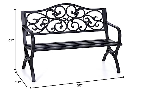 MFSTUDIO 50 Inches Outdoor Garden Bench, Cast Iron Metal Frame Patio Park Bench with Floral Pattern Backrest, Arch Legs for Porch Lawn Garden Yard(Black)