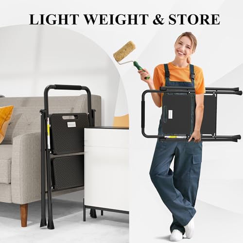 HBTower 2 Step Ladder, Folding Step Stool with Wide Anti-Slip Pedal, Sturdy Steel Ladder, Convenient Handrail, Lightweight, Portable Steel Step Stool