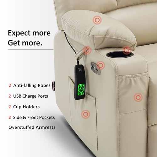 MCombo Oversized Dual Motor Power Lift Recliner Chair Sofa with Massage and Heat for Big Elderly People, Infinite Position, USB Ports, Faux Leather R7688 (Beige, Large-Oversize)