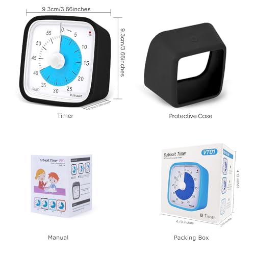 Yunbaoit Upgraded Black Visual Timer with Protective Case, Silent 60 Minute Countdown Timer for Kids and Adults with Low Power Reminder VT01(Black Blue)