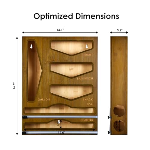 Cozee Bay Bamboo Food Bag Organizer with Foil and Plastic Wrap Organizer, Kitchen Drawer Organizer, Wrap Dispenser with Cutter, for Gallon, Quart, Sandwich, Snack Bags and 12" Roll (Vintage Brown)