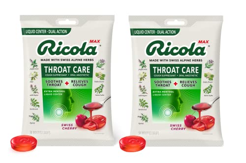 Ricola Max Throat Care Swiss Cherry Large Bags | Cough Suppressant Drops | Dual Action Liquid Center | Soothing Long-Lasting Relief - 34 Count (Pack of 2)