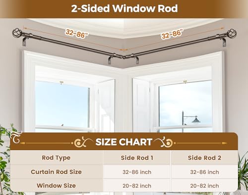 KAMANINA Bronze Corner Curtain Rod for Windows 48 to 84, 7/8 inch Telescoping Splicing Curtain Rods for Corner Windows, Decorative Curtain Rods 32 to 86 Inch with Twisted Cage Ends