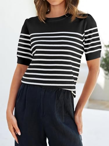 ZESICA Women's Casual Striped Tops Short Sleeve Crew Neck Ribbed Knit T Shirts Comfy Loose Basic Pullover Sweater,Black,Small
