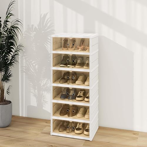 FLEXIMOUNTS Shoe Rack Organizer Storage Box 6 Tiers-12 Pairs, Portable Folding Shoe Rack for Closet Entryway, Collapsible Shoe Cabinet with Magnetic Clear Door for Front Door Entrance