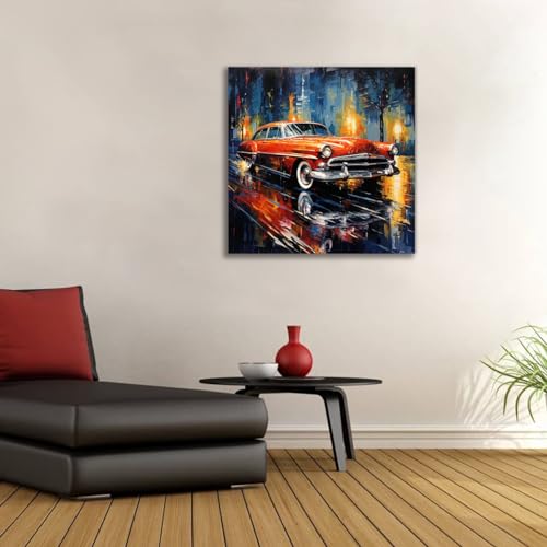 QIXIANG Abstract Car Wall Art Retro Red Car Picture Wall Decor Modern Home Decor Artwork Boys Room Bar Office Decor Ready to Hang (Red Car 2, 12.00" x 12.00")