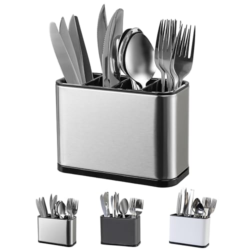 LIBODOUR Kitchen Utensil Holder For Counter Silverware Organizer Stainless Steel 4 Compartments Storage Cooking Organizer Caddy Large Capacity Flatware Spoon Spatula Fork