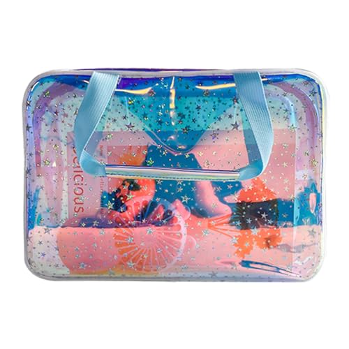 ONEART Clear TPU Cosmetic Bag Toiletry Makeup Artist Bag, Waterproof Multifunction Travel Toiletry Bag with Zipper Handle, Holographic Star Tote Bag Blue