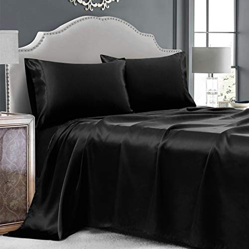 Cobedzy 4 Piece White Satin Sheets Queen Size, Soft Silky Bed Sheets Queen Set, Luxury Bed Sheet Set with 1 Deep Pocket Fitted Sheet 1 Flat Sheet 2 Satin Pillowcases