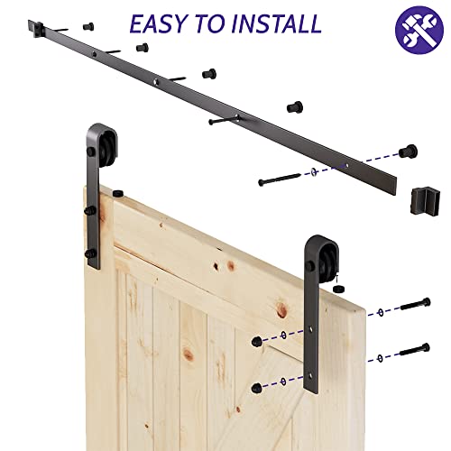 SKYSEN 12FT Single Sliding barn Door Hardware kit, Barn Door Track, 1/4” Thick Material- 4FT-13FT Available- Smooth and Quiet- Easy to Install- Black (J Shape)