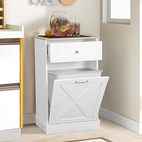 Puluomis Tilt Out Trash Cabinet-Free Standing Kitchen Waste Bin-Wooden Recycling Trash Cabinet with Drawer-Grey
