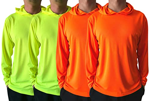 Men UPF 50+ Sun Protection Breathable T Shirt Long Sleeve Workout T-Shirts with Hood (4Pcs Mix (2 Neon Yellow/2 Neon Orange), S)