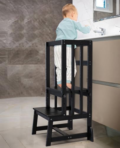 DORPU Toddler Tower, Adjustable Height Kids Kitchen Step Stool with CPC Certification, Unique Patents with Safety Rail & Anti-tip & Non-Slip Mat & Vertical Guardrail Toddler Kitchen Stool๏ผBlack๏ผ