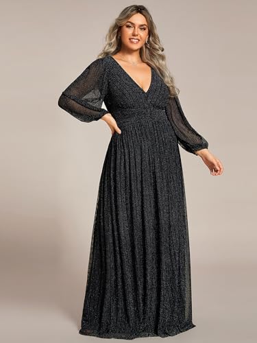 Ever-Pretty Women's Glitter Long Sleeves V Neck Pleated Empire Waist Floor Length Plus Size Formal Dresses Evening Gowns Black US16