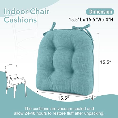 downluxe Indoor Chair Cushions for Dining Chairs, Tufted Overstuffed Textured Memory Foam Kitchen Chair Pads with Ties and Non-Slip Backing, 15.5" x 15.5" x 4", Navy, 4 Pack