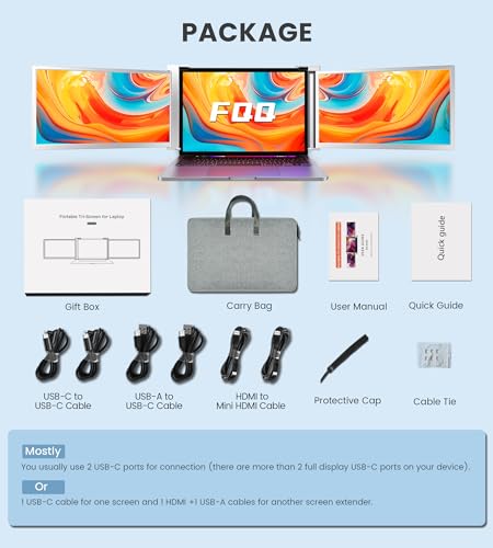 FQQ 14” Triple Laptop Screen Extender, 1920 * 1200P FHD IPS Portable Monitor for 15” - 17.3" Laptop, 16:10, Dual Monitor Display for Win/MAC (Not Suited to M1/M2/M3 Chips), HDMI/USB-C Plug & Play.