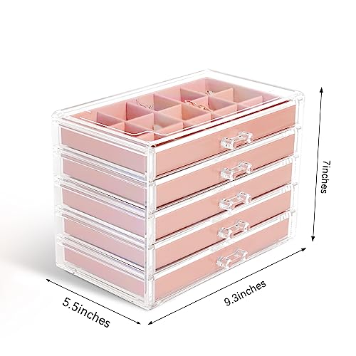 KAMIER Earring Jewelry Organizer with 20 Pcs Portable Jewelry Bag, Clear Acrylic Jewelry Organizer Box for Women with 5 Drawers for Earrings Ring Bracelet Necklace