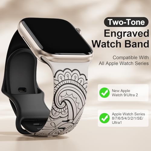 Floral Engraved Band Compatible with Apple Watch Band for Women 40mm 38mm 41mm 44mm 45mm 49mm, Boho Strap for iWatch Series 9 Ultra SE 8 7 6 5 4 3 PP42