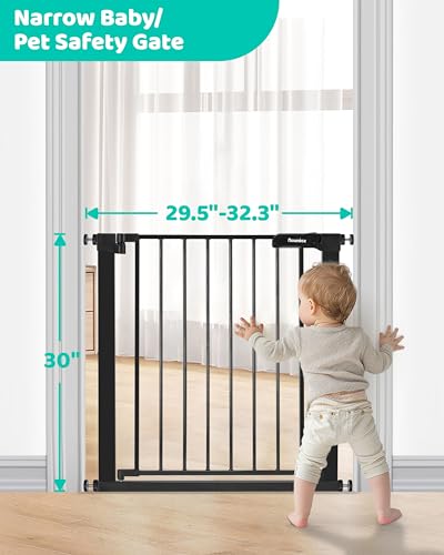 Newnice 29.7"-32.3" Narrow Baby Gate,Easy Install with Auto Close, Fit for Small Stairs & Doorways, Pressure Mounted Gate with Door, No Drill Wall Protected, Pet Gate for Dog,Cat, No Extensions,Black
