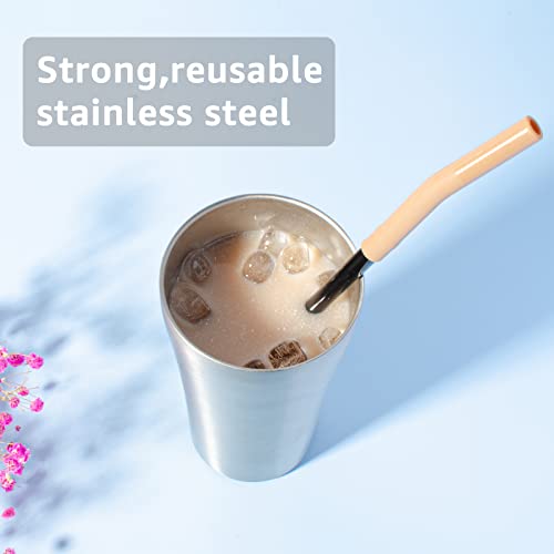 Tronco Set of 6 Stainless Steel Reusable Metal Straws with Silicone Flex Tips Elbows Cover, Metal Drinking Straws for Tronco Tumbler, 6 Steel Straws,6 Silicone Tips,1 Straw Cleaning Brush(Black)